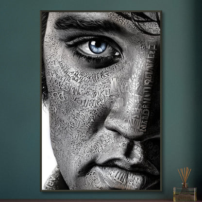 Elvis Aaron Presley, King of Rock ’n’ Roll oder auch einfach The King im Kalligram Stil auf einem Poster im Metallrahmen
