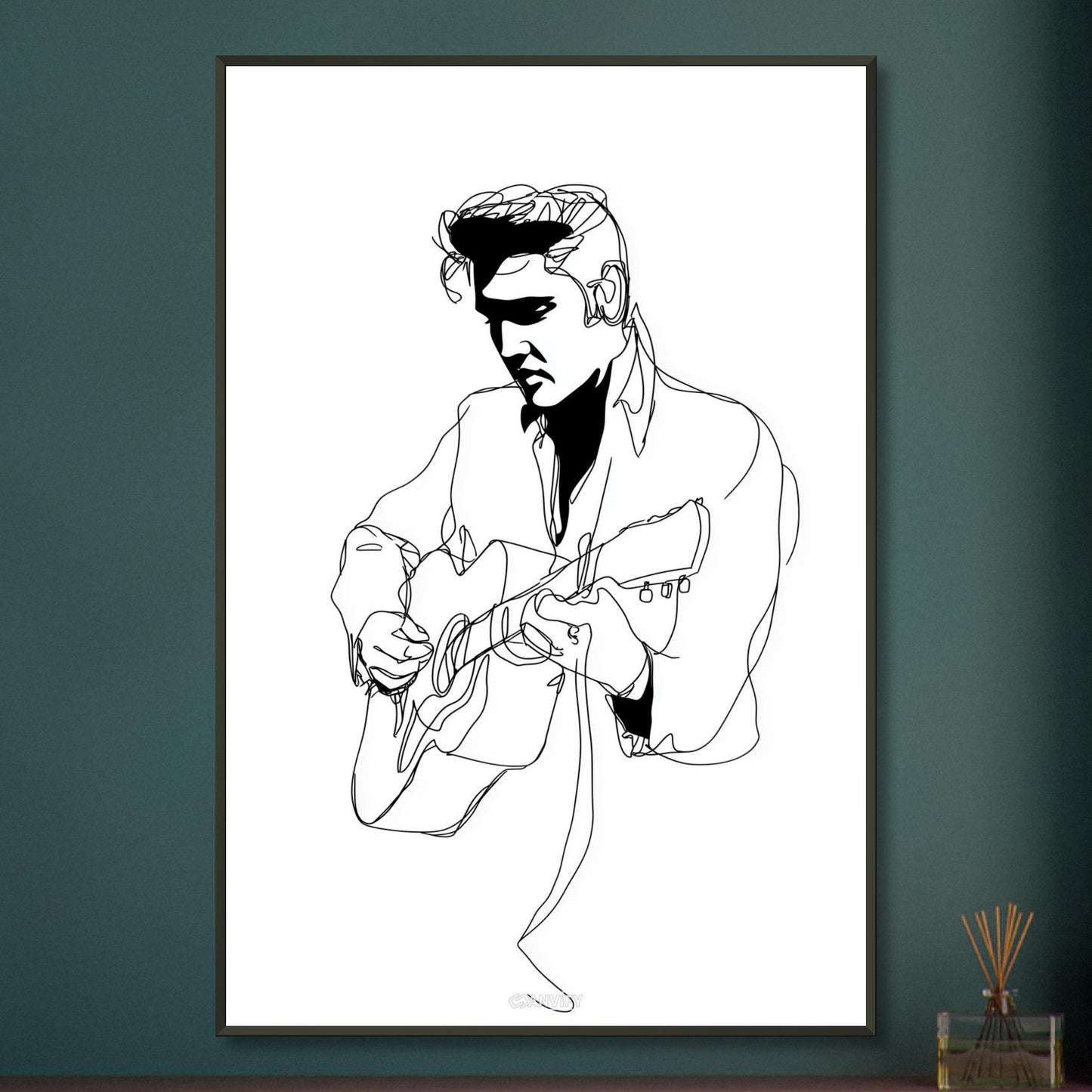 Elvis Aaron Presley gezeichnet mit einer Linie auf einem Poster im Metallrahmen