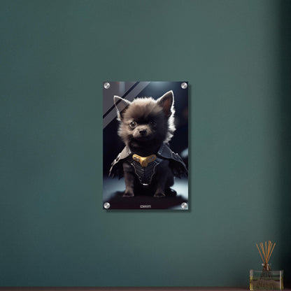 Zwergspitz in einem Superhelden Kostüm von Batman alias The Dark Knight auf einem Acrylbild