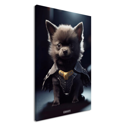 Zwergspitz in einem Superhelden Kostüm von Batman alias The Dark Knight auf einer Leinwand