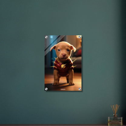 Golden Retriever in einem Superhelden Kostüm von The Flash auf einem Acrylbild