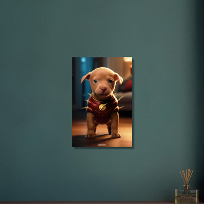Golden Retriever in einem Superhelden Kostüm von The Flash auf Aluminium