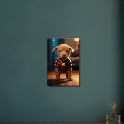 Golden Retriever in einem Superhelden Kostüm von The Flash auf einer Leinwand