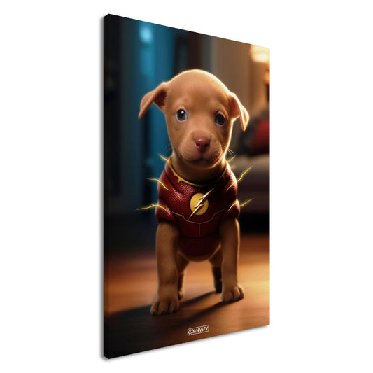 Golden Retriever in einem Superhelden Kostüm von The Flash auf einer Leinwand