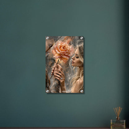Romantisches Paar mit einer großen Rose in der Hand und einem Verlobungsring im Stil von einem Ölgemälde auf einem Acrylbild
