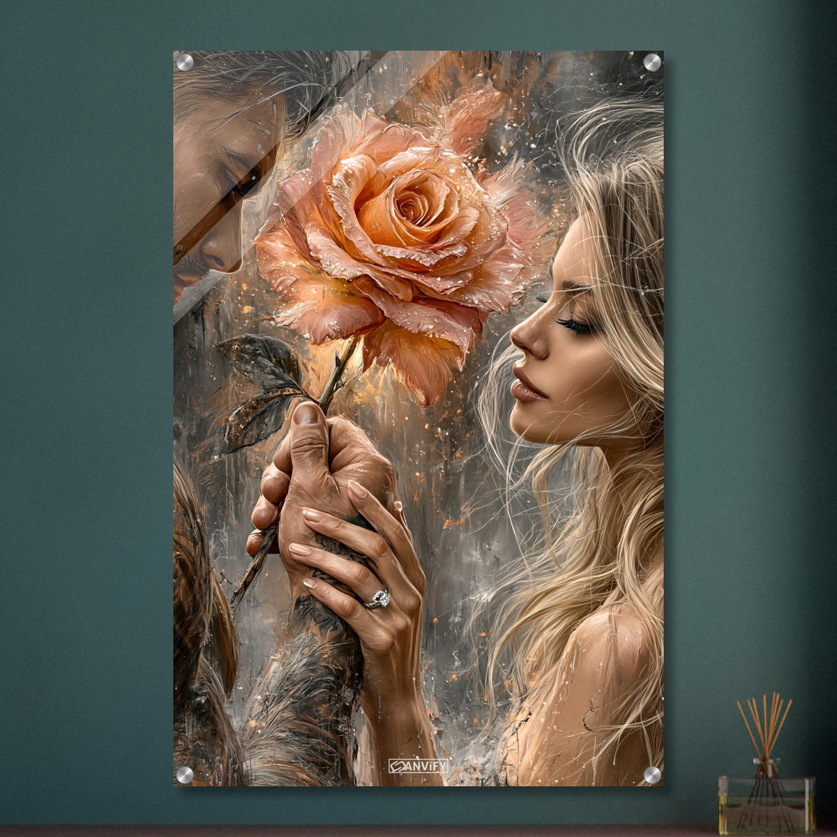 Romantisches Paar mit einer großen Rose in der Hand und einem Verlobungsring im Stil von einem Ölgemälde auf einem Acrylbild