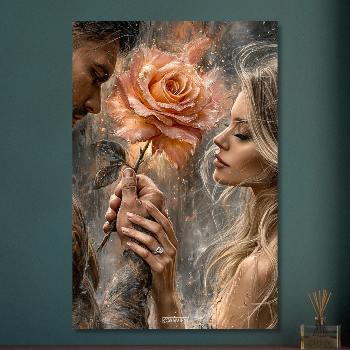 Romantisches Paar mit einer großen Rose in der Hand und einem Verlobungsring im Stil von einem Ölgemälde auf Aluminium