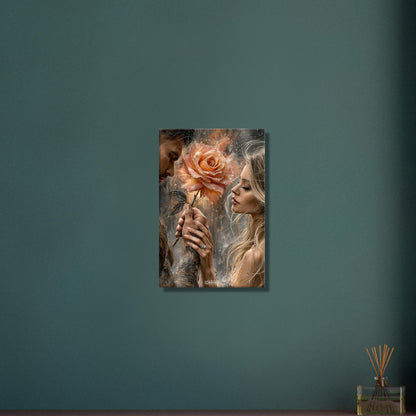 Romantisches Paar mit einer großen Rose in der Hand und einem Verlobungsring im Stil von einem Ölgemälde auf einer Leinwand