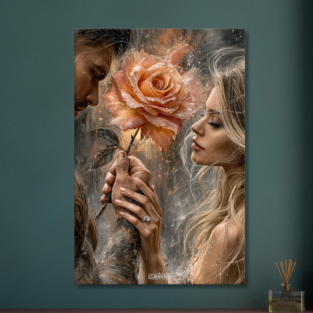 Romantisches Paar mit einer großen Rose in der Hand und einem Verlobungsring im Stil von einem Ölgemälde auf einer Leinwand