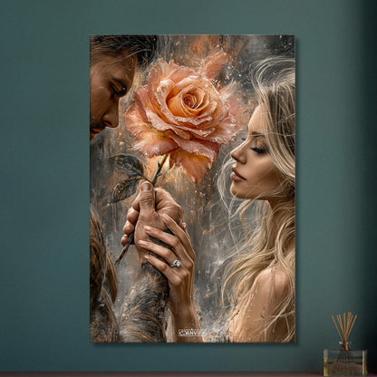 Romantisches Paar mit einer großen Rose in der Hand und einem Verlobungsring im Stil von einem Ölgemälde auf einer Leinwand
