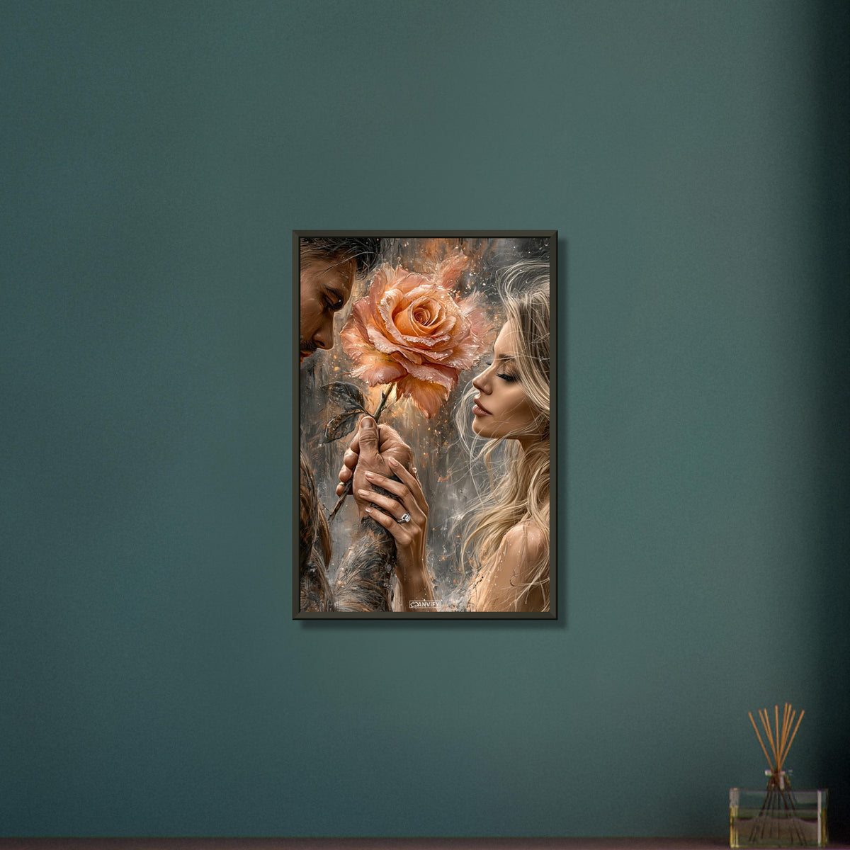 Romantisches Paar mit einer großen Rose in der Hand und einem Verlobungsring im Stil von einem Ölgemälde auf einem Poster im Metallrahmen