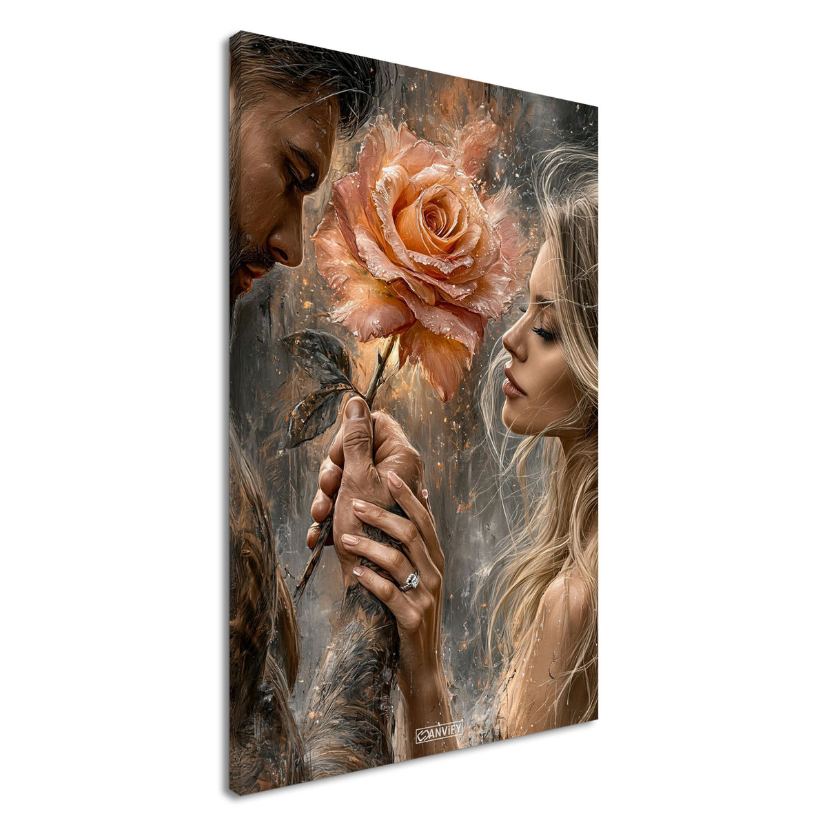 Romantisches Paar mit einer großen Rose in der Hand und einem Verlobungsring im Stil von einem Ölgemälde auf einer Leinwand
