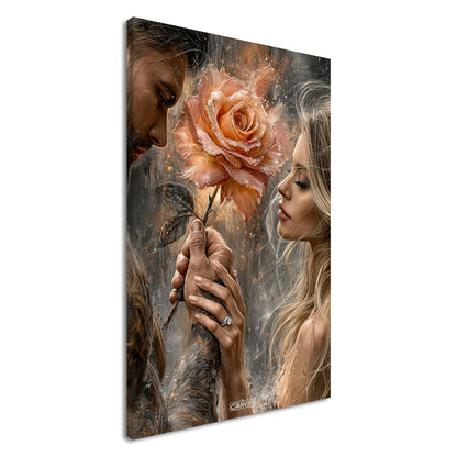 Romantisches Paar mit einer großen Rose in der Hand und einem Verlobungsring im Stil von einem Ölgemälde auf einer Leinwand