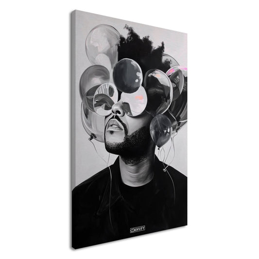 The Weeknd im Stil von Nashid Chroma und inspiriert vom Mixtape Cover House of Balloons mit Luftballons um die Augen auf einer Leinwand