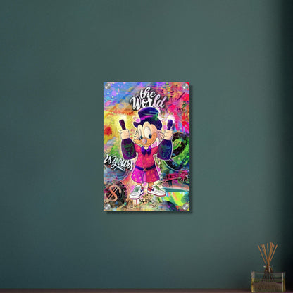 Dagobert Duck mit Champagnerflaschen und einem Luxus Bademantel im abstrakten Pop Art Stil auf einem Acrylbild