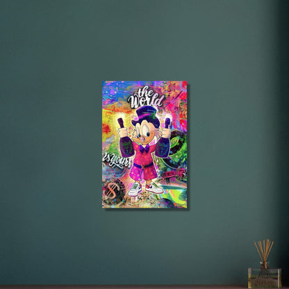 Dagobert Duck mit Champagnerflaschen und einem Luxus Bademantel im abstrakten Pop Art Stil auf Aluminium
