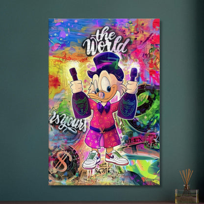 Dagobert Duck mit Champagnerflaschen und einem Luxus Bademantel im abstrakten Pop Art Stil auf einer Leinwand
