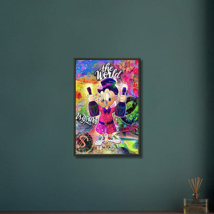 Dagobert Duck mit Champagnerflaschen und einem Luxus Bademantel im abstrakten Pop Art Stil auf einem Poster im Metallrahmen