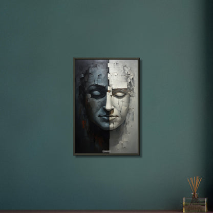 Abstraktes Gesicht in Stein gemeißelt und in Schwarzer und Weißer Farbe auf einem Poster im Metallrahmen