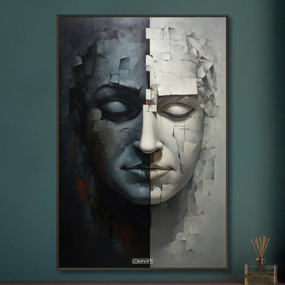 Abstraktes Gesicht in Stein gemeißelt und in Schwarzer und Weißer Farbe auf einem Poster im Metallrahmen
