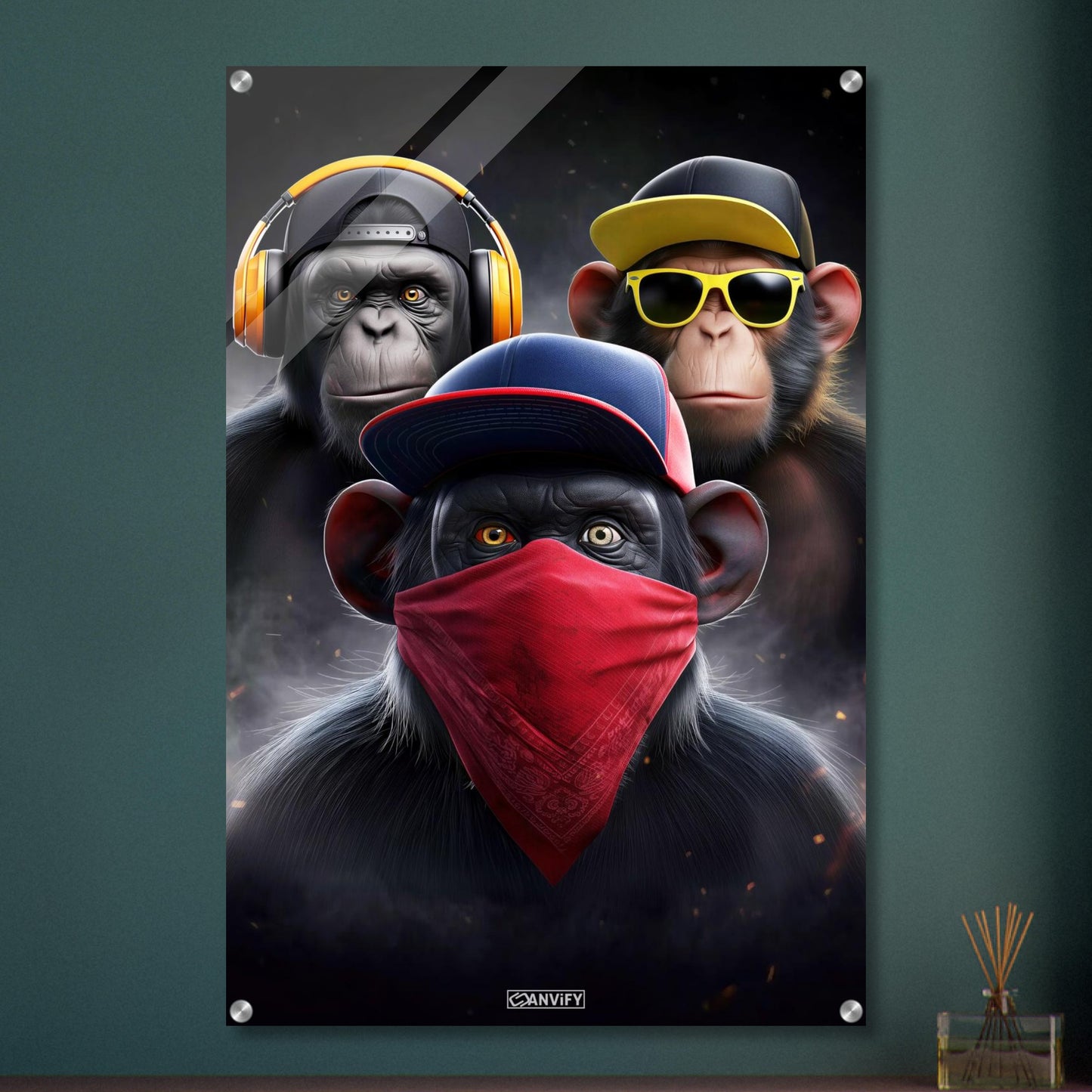 3 weise Affen mit Kopfhörer, Sonnenbrille, Bandana und Kappen auf einem Acrylbild