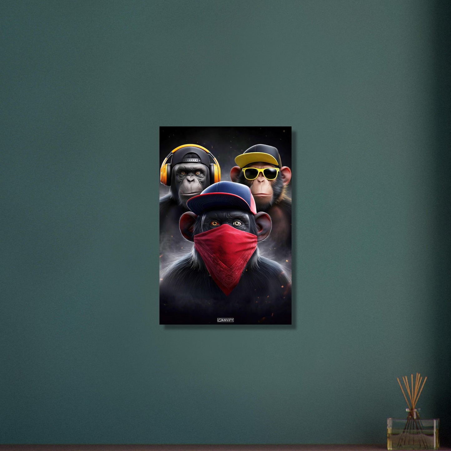 3 weise Affen mit Kopfhörer, Sonnenbrille, Bandana und Kappen auf Aluminium