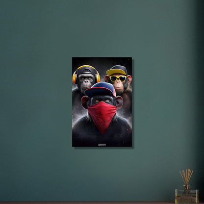 3 weise Affen mit Kopfhörer, Sonnenbrille, Bandana und Kappen auf Aluminium