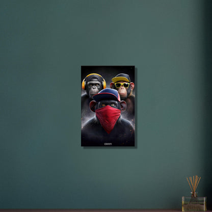 3 weise Affen mit Kopfhörer, Sonnenbrille, Bandana und Kappen auf einer Leinwand