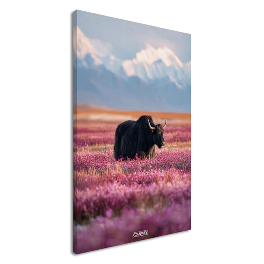 Schwarzer tibetanischer Yak auf einer Blumenwiese mit schneebedeckten Bergen im Hintergrund auf einer Leinwand