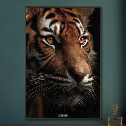 Nahaufnahme eines Tigers auf einem Poster im Metallrahmen