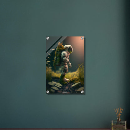 Bemooster kleiner Astronaut unbekanntem Planeten auf einem Acrylbild