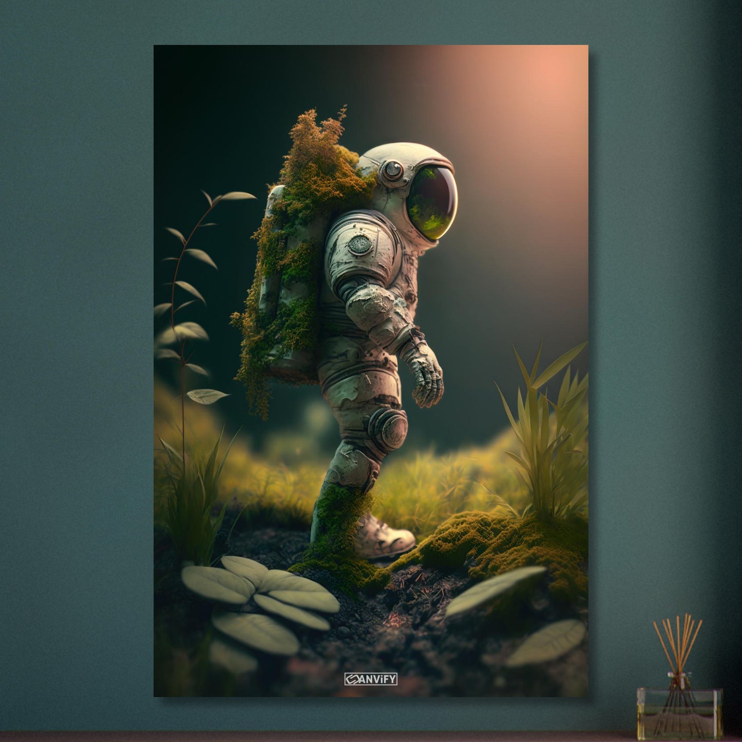 Bemooster kleiner Astronaut unbekanntem Planeten auf Aluminium
