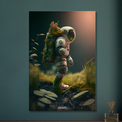 Bemooster kleiner Astronaut unbekanntem Planeten auf einer Leinwand