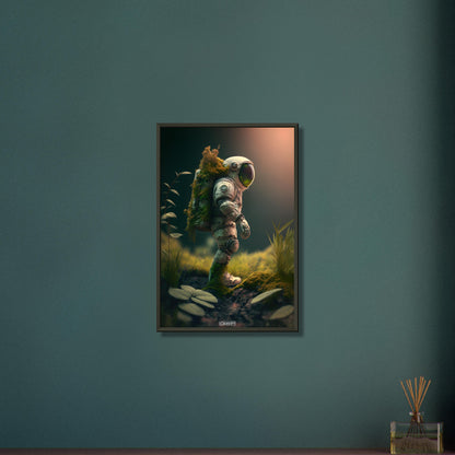 Bemooster kleiner Astronaut unbekanntem Planeten auf einem Poster im Metallrahmen