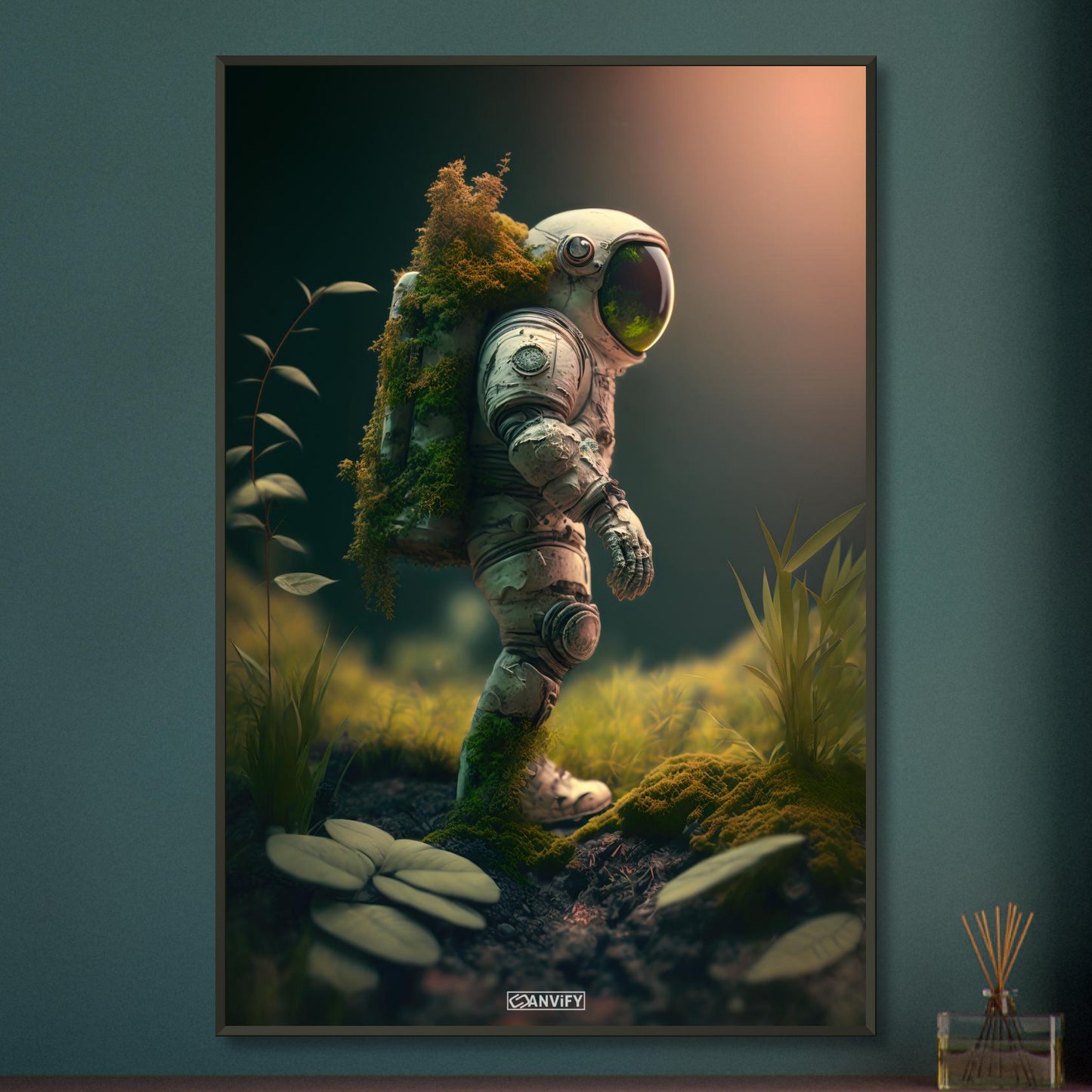 Bemooster kleiner Astronaut unbekanntem Planeten auf einem Poster im Metallrahmen