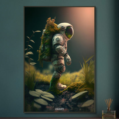 Bemooster kleiner Astronaut unbekanntem Planeten auf einem Poster im Metallrahmen