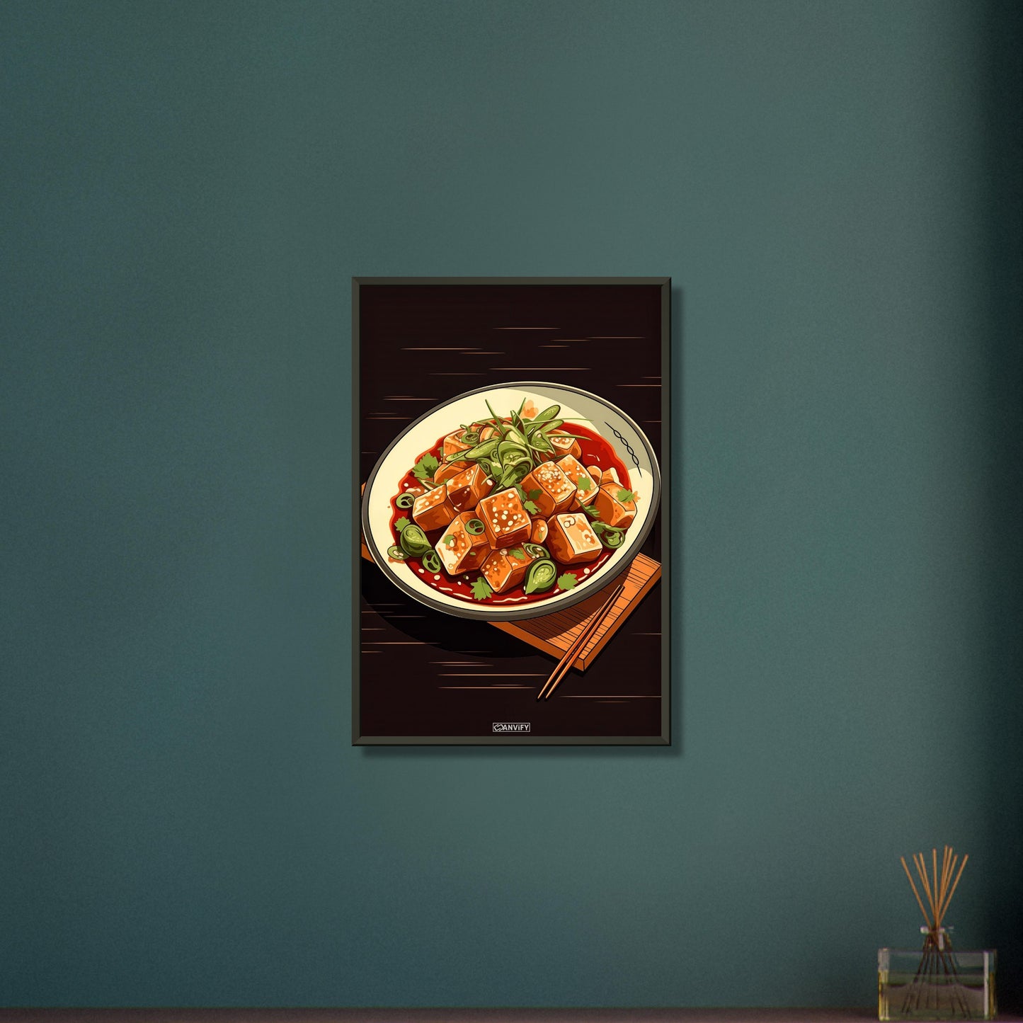 Tofu Schüssel im Comic Stil auf einem Poster im Metallrahmen