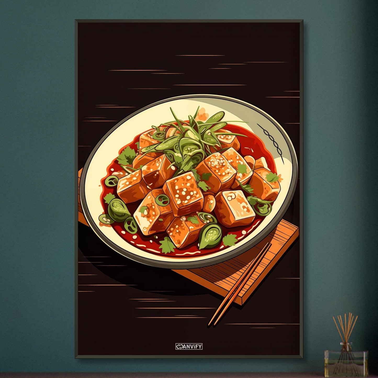 Tofu Schüssel im Comic Stil auf einem Poster im Metallrahmen