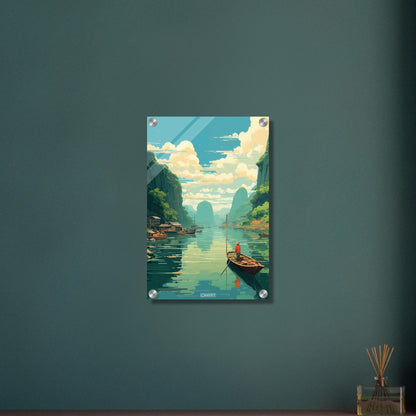 Sampan-Bootstour durch die Halong Bucht in Vietnam malerisch dargestellt auf einem Acrylbild