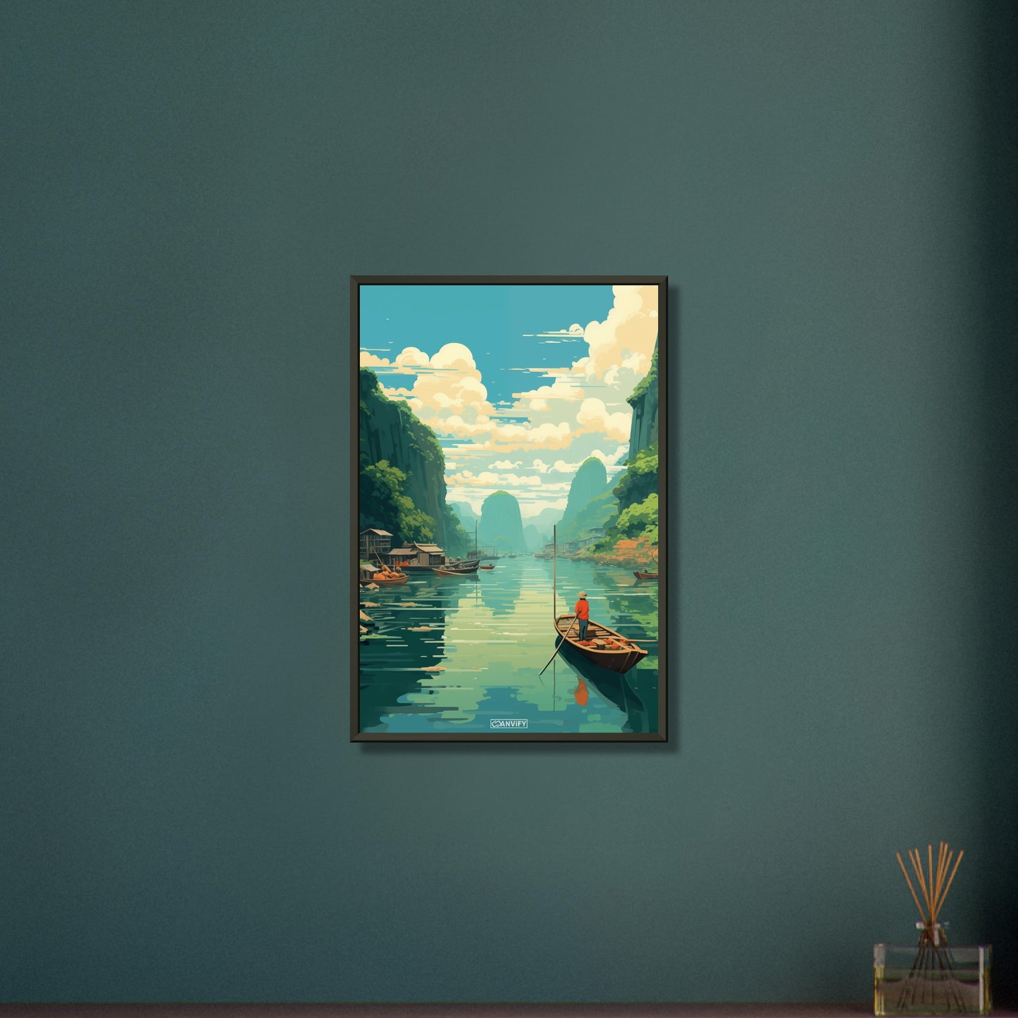 Sampan-Bootstour durch die Halong Bucht in Vietnam malerisch dargestellt auf einem Poster im Metallrahmen
