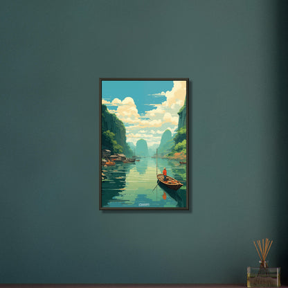 Sampan-Bootstour durch die Halong Bucht in Vietnam malerisch dargestellt auf einem Poster im Metallrahmen