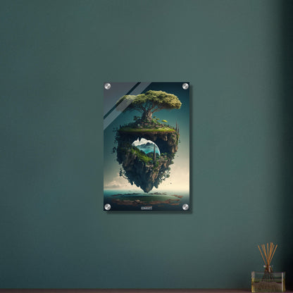 Schwebende Insel mit einem Dschungelbaum und mit einer Kleinstadt auf einem Acrylbild