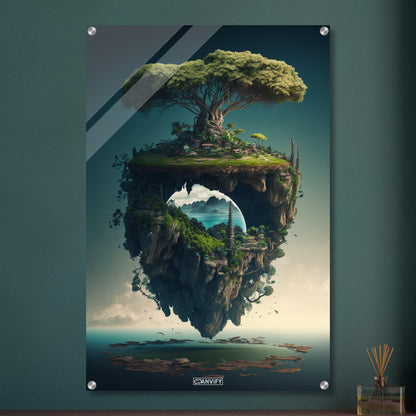 Schwebende Insel mit einem Dschungelbaum und mit einer Kleinstadt auf einem Acrylbild