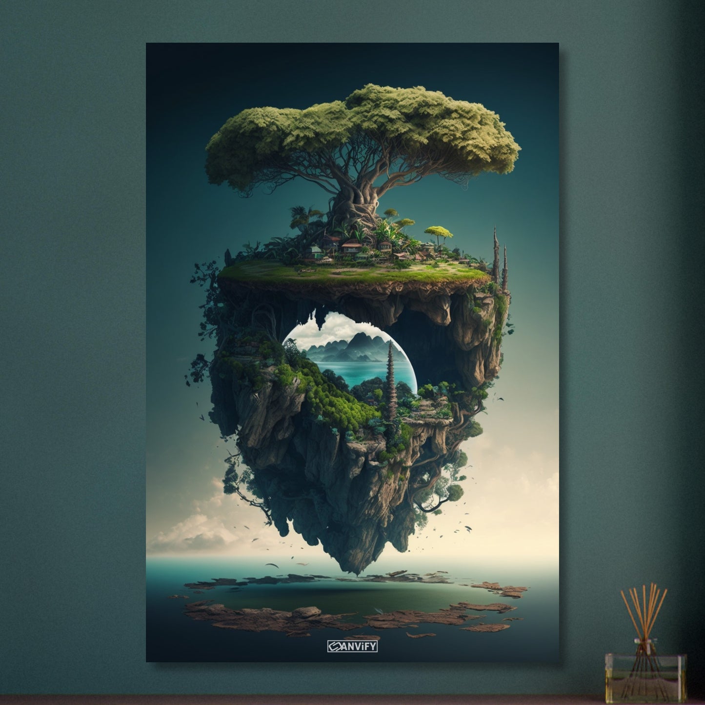 Schwebende Insel mit einem Dschungelbaum und mit einer Kleinstadt auf Aluminium