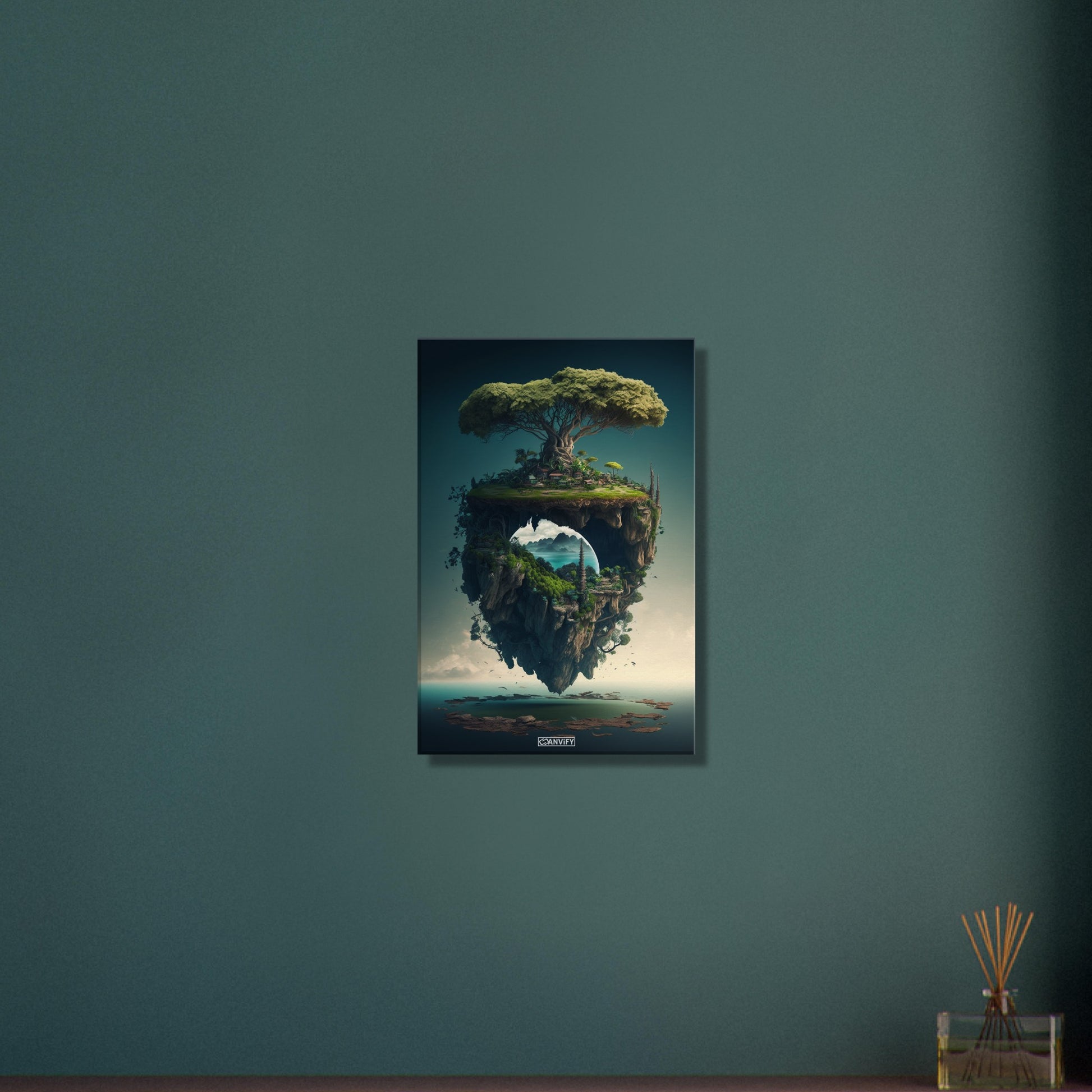 Schwebende Insel mit einem Dschungelbaum und mit einer Kleinstadt auf einer Leinwand