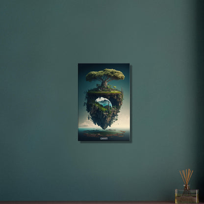 Schwebende Insel mit einem Dschungelbaum und mit einer Kleinstadt auf einer Leinwand