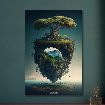 Schwebende Insel mit einem Dschungelbaum und mit einer Kleinstadt auf einer Leinwand