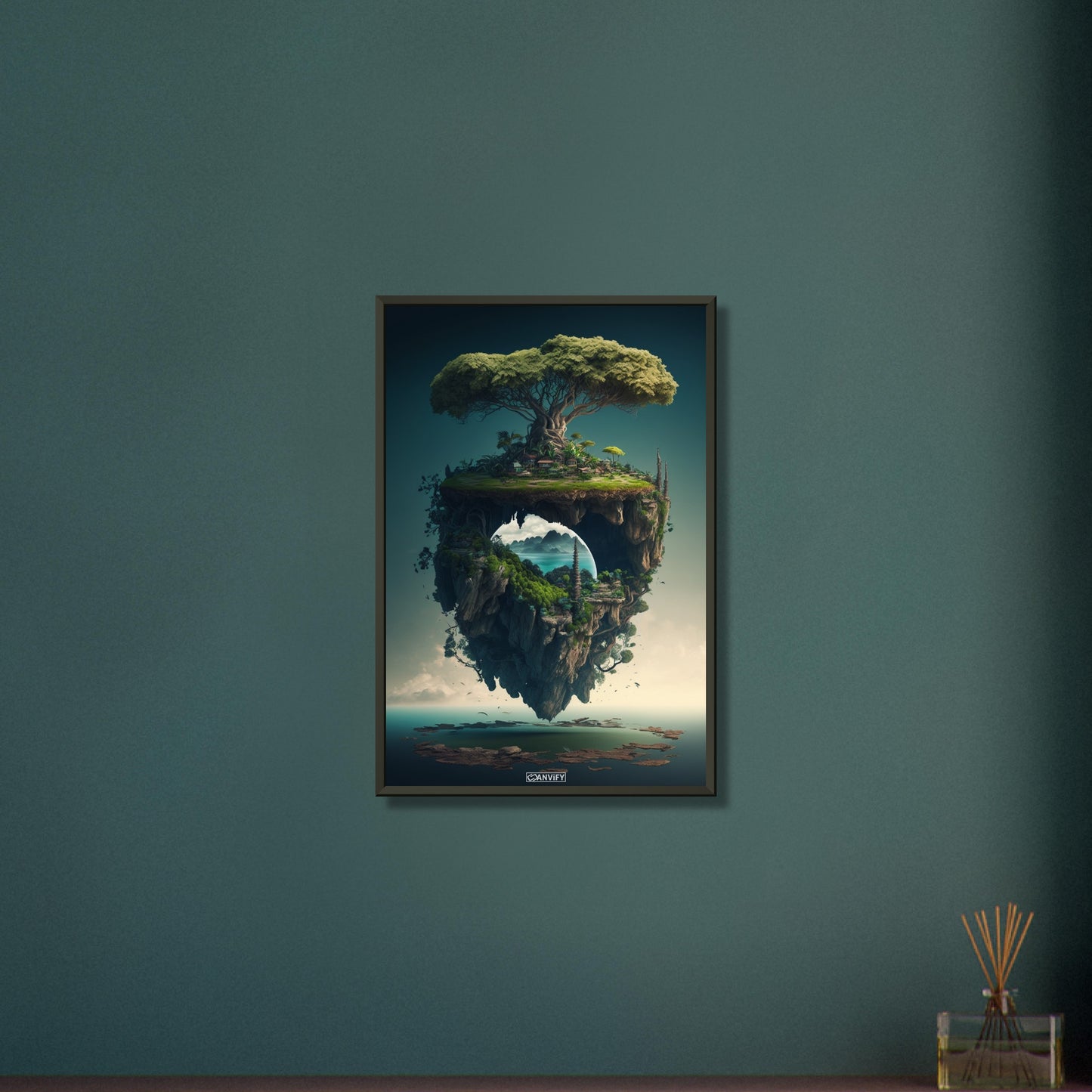 Schwebende Insel mit einem Dschungelbaum und mit einer Kleinstadt auf einem Poster im Metallrahmen