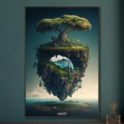 Schwebende Insel mit einem Dschungelbaum und mit einer Kleinstadt auf einem Poster im Metallrahmen