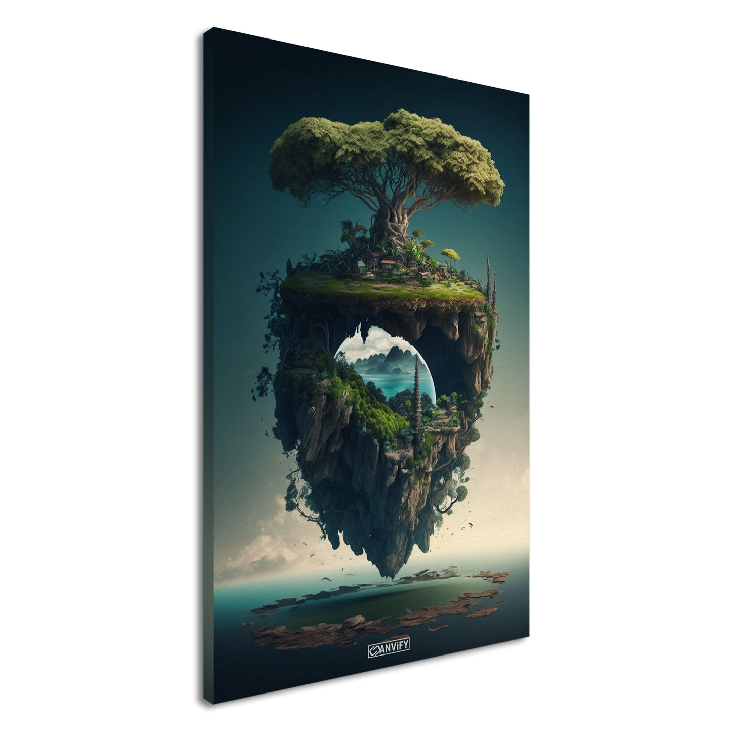 Schwebende Insel mit einem Dschungelbaum und mit einer Kleinstadt auf einer Leinwand